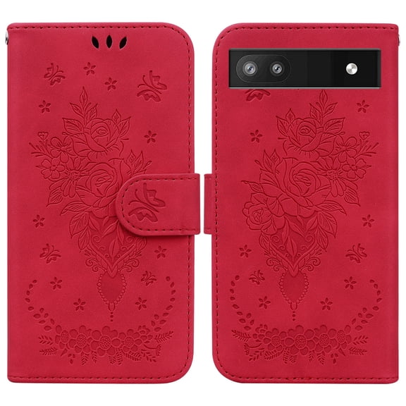 TECH CIRCLE Google Pixel 6A 5G Wallet Case,Rose Embossed Premium PU Leather Magnetic Handbag Pocket Card Slots with Wrist Strap Flip Kickstand Shockproof Case for Google Pixel 6A 5G 6.1 inch,Red