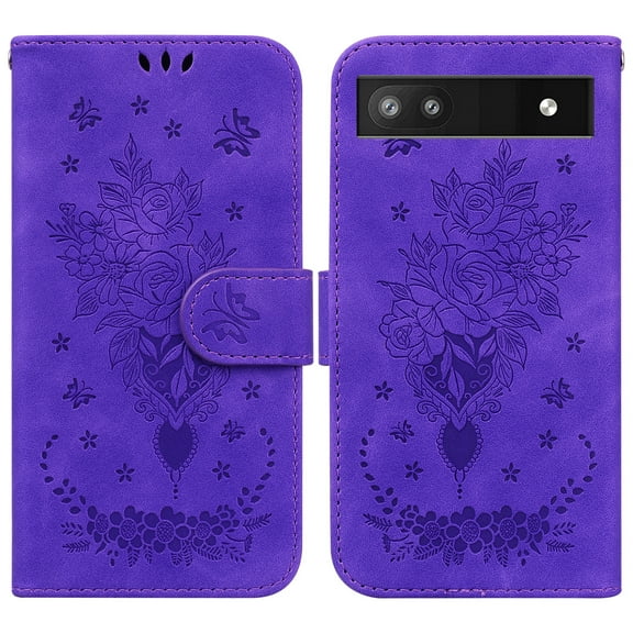 TECH CIRCLE Google Pixel 6A 5G Wallet Case,Rose Embossed Premium PU Leather Magnetic Handbag Pocket Card Slots with Wrist Strap Flip Kickstand Shockproof Case for Google Pixel 6A 5G 6.1 inch,Purple