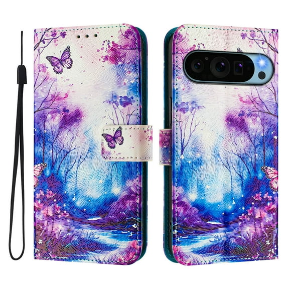 TECH CIRCLE for Google Pixel 6a Case 6.1-Inch (2022 Release), Cute Cartoon Flip Wallet Case with Lanyard, Built-in Card Slots & Stand Function, Portable Lightweight Slim Folio Cover, Butterfly Forest