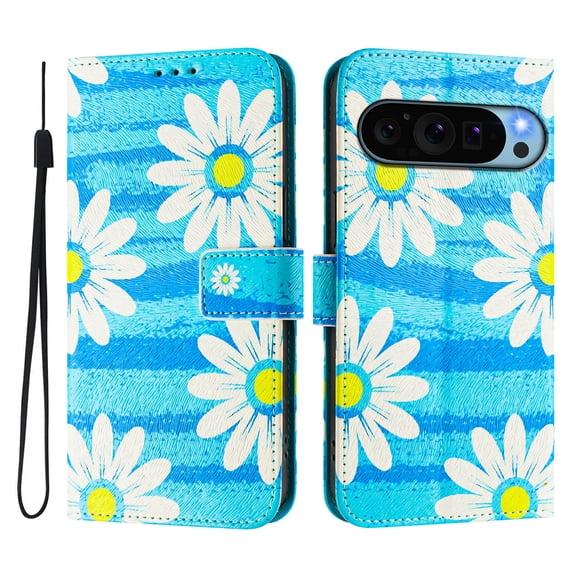 TECH CIRCLE for Google Pixel 7 Case 6.3-Inch (2022 Release), Cute Cartoon Flip Wallet Case with Lanyard, Built-in Card Slots & Stand Function, Portable Lightweight Slim Folio Cover, Blue Daisy