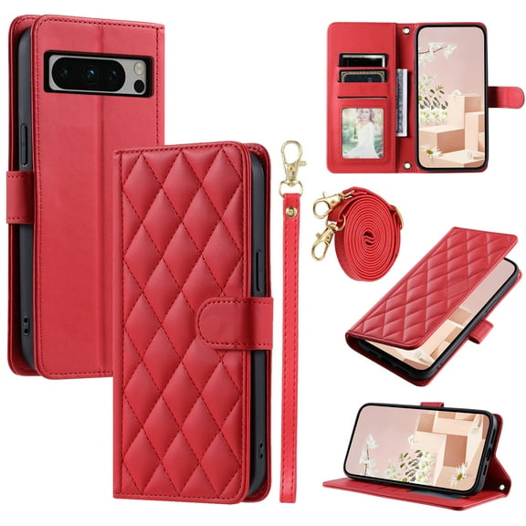 TECH CIRCLE For Google Pixel 7 Pro Case Wallet for Women Girl,Luxury PU Leather Crossbody Wristlet Strap Kickstand Slim Card Holder Slots Wallet Case for Google Pixel 7 Pro 6.7" 2023,Red
