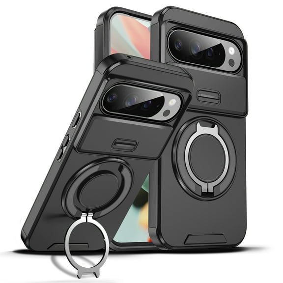 TECH CIRCLE for Google Pixel 7 Pro PC+TPU Hybrid Case Cover, with 360° Rotating Ring Bracket/Magnetic Car Bracket/Matte Shockproof,Compatible with MagSafe Slide Camera Lens Cover,Black
