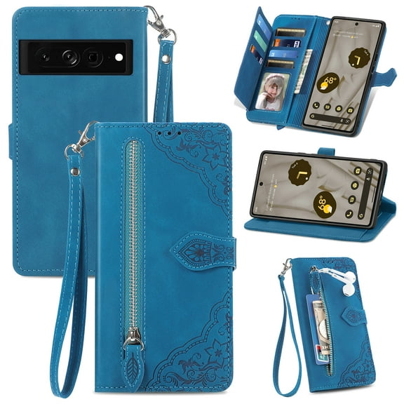 TECH CIRCLE Google Pixel 7 Wallet Case,Embossed Flower PU Leather Folio Flip Protective Zipper Cover with Wrist Strap RFID Blocking Card Holder Kickstand Case for Google Pixel 7 6.3" 2022,Blue