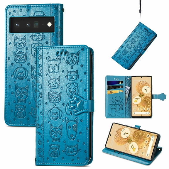 TECH CIRCLE for Google Pixel 7A Case, Cat Dog Embossed Pattern Flip Wallet Case with Card Slots Cash Holder Magnetic Clasp Shockproof Kickstand Cover with Hand Strap for Google Pixel 7A 6.1",Blue