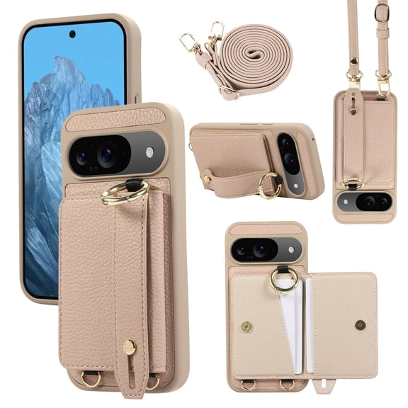 TECH CIRCLE for Google Pixel 7A Wallet Case with Card Holder, Lanyard Wrist Strap Loop Holder Kickstand RFID Blocking Finger Grip Ring PU Leather Shockproof Cover for Google Pixel 7A 6.1",Khaki