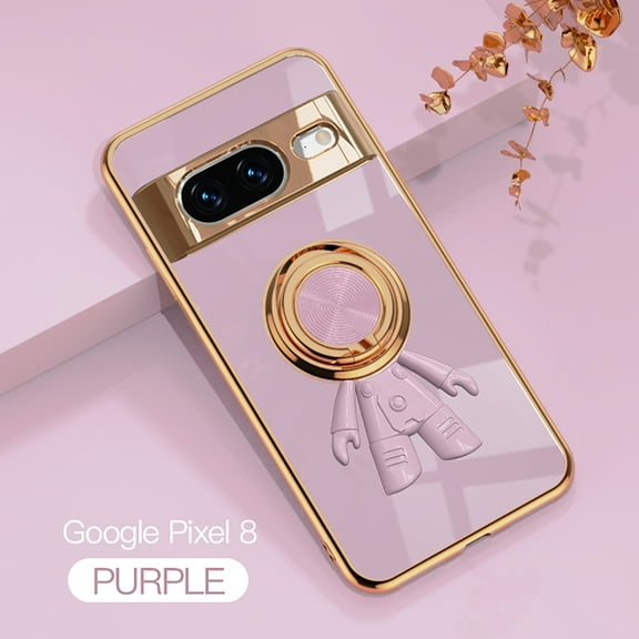 TECH CIRCLE For Google Pixel 8 Case,Stylish Astronaut Pattern Slim Fit Plating Shockproof Phone Cover Anti-Scratch Lightweight Case With 360° Ring Kickstand for Google Pixel 8 - Purple