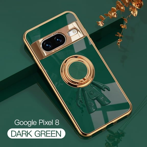 TECH CIRCLE For Google Pixel 8 Case,Stylish Astronaut Pattern Slim Fit Plating Shockproof Phone Cover Anti-Scratch Lightweight Case With 360° Ring Kickstand for Google Pixel 8 - Darkgreen