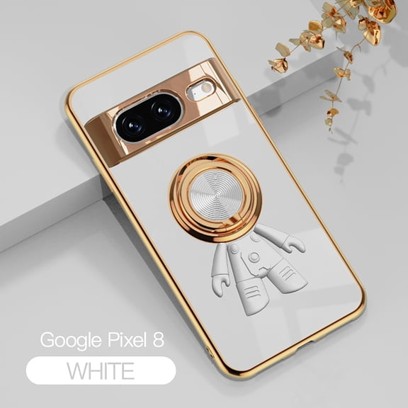 TECH CIRCLE For Google Pixel 8 Case,Stylish Astronaut Pattern Slim Fit Plating Shockproof Phone Cover Anti-Scratch Lightweight Case With 360° Ring Kickstand for Google Pixel 8 - White