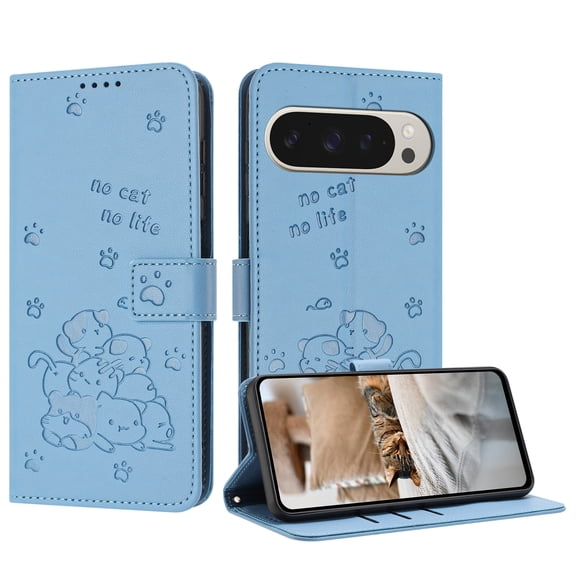 TECH CIRCLE For Google Pixel 8 Case Wallet,Women Flip Folio Cover Credit Card Holders Lovely Cat Emboss PU Leather Purse Wrist Strap Kickstand Case forGoogle Pixel 8 6.2" 2023,Blue