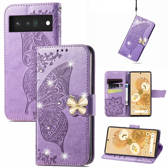 TECH CIRCLE Google Pixel 8 Phone Case,Glitter Bling Diamond Butterfly Cover Flip Embossing PU Leather Wallet Card Slots Holder Phone Shell with Strap for Google Pixel 8 6.2" 2023,Lightpurple