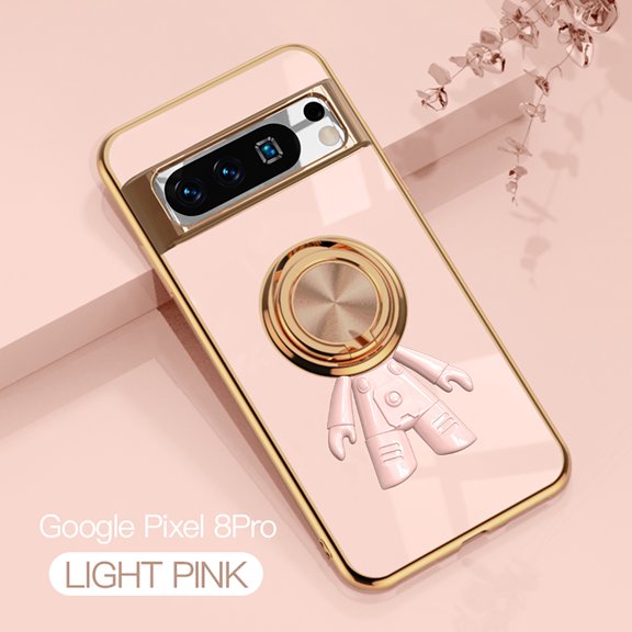 TECH CIRCLE for Google Pixel 8 Pro 2023 Case, Lens Protection Electroplating Silicone Magnetic 3D Dimensional Astronaut Cover with Car Mount & Ring Kickstand Shockproof Protective Shell, Lightpink