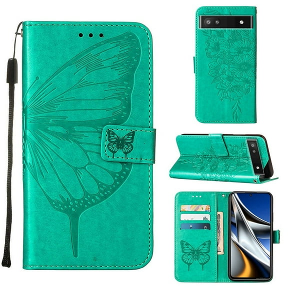 TECH CIRCLE for Google Pixel 8 Pro 2023 Wallet Case, Embossed Butterfly PU Leather Credit Card Holder Slots Full Body Protection Kickstand Flip Folio Shockproof TPU Phone Cover,Green