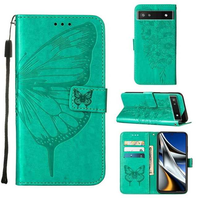 TECH CIRCLE for Google Pixel 8 Pro 2023 Wallet Case, Embossed Butterfly PU Leather Credit Card Holder Slots Full Body Protection Kickstand Flip Folio Shockproof TPU Phone Cover,Green