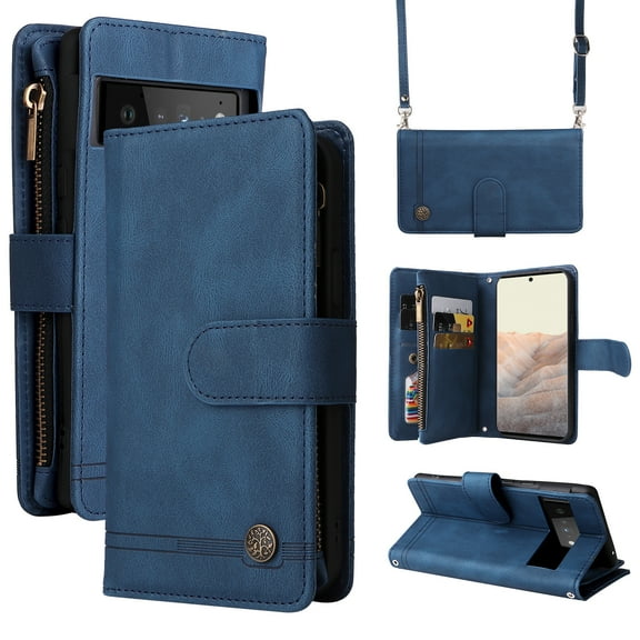 TECH CIRCLE for Google Pixel 8 Pro 6.7 inch,Premium PU Leather Zipper Wallet Case with Wrist Strap Shoulder Strap, Magnetic Clasp Flip Holder Card Slots Crossbody Phone Case for Women Men,Blue