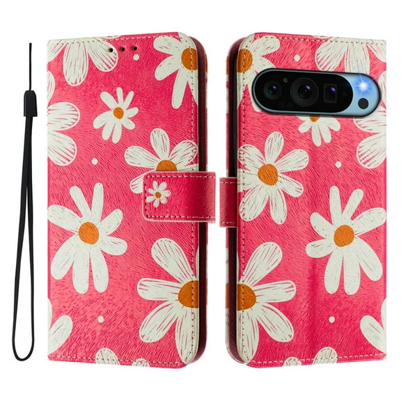 TECH CIRCLE for Google Pixel 8 Pro Case 6.7-Inch (2023 Release), Cute Cartoon Flip Wallet Case with Lanyard, Built-in Card Slots & Stand Function, Portable Lightweight Slim Folio Cover, Red Daisy