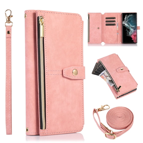 TECH CIRCLE for Google Pixel 8 Pro,Google Pixel 8 Pro Case,Crossbody Wallet Case with Strap Style Premium PU Leather Magnetic Clasp Card Cash Slots Holder Phone Shell for Google Pixel 8 Pro,Pink