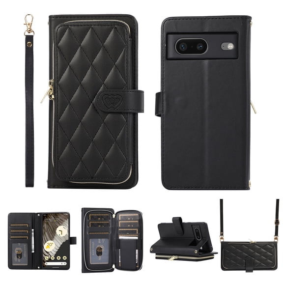 TECH CIRCLE for Google Pixel 8 Pro, Premium PU Leather Crossbody Case with Shoulder Wrist Strap Shockproof Magnetic Flip Kickstand Card Slots Zipper Wallet Phone Case for Google Pixel 8 Pro,Black