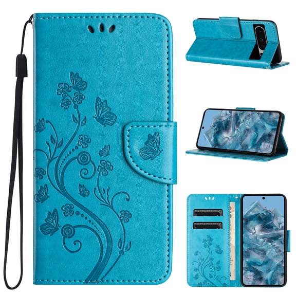 TECH CIRCLE for Google Pixel 8 Wallet Case,Butterfly Embossed Pattern PU Leather Luxury Anti-Scratch Kickstand Full Phone Cover with 3 Card Cash Slots & Strap,for Google Pixel 8 6.2" 2023, Blue