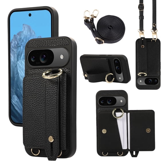 TECH CIRCLE for Google Pixel 8 Wallet Case with Card Holder, Lanyard Wrist Strap Loop Holder Kickstand RFID Blocking Finger Grip Ring PU Leather Shockproof Cover for Google Pixel 8 6.2",Black