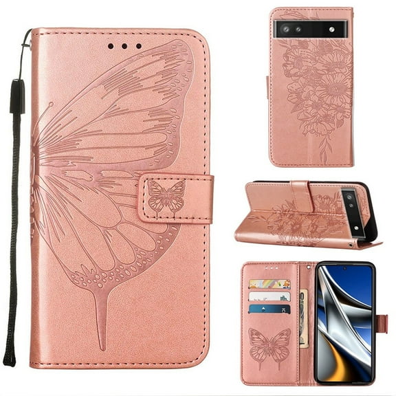 TECH CIRCLE for Google Pixel 8 Wallet Case, Embossed Butterfly PU Leather Credit Card Holder Slots Full Body Protection Kickstand Flip Folio Shockproof TPU Phone Cover,Rosegold