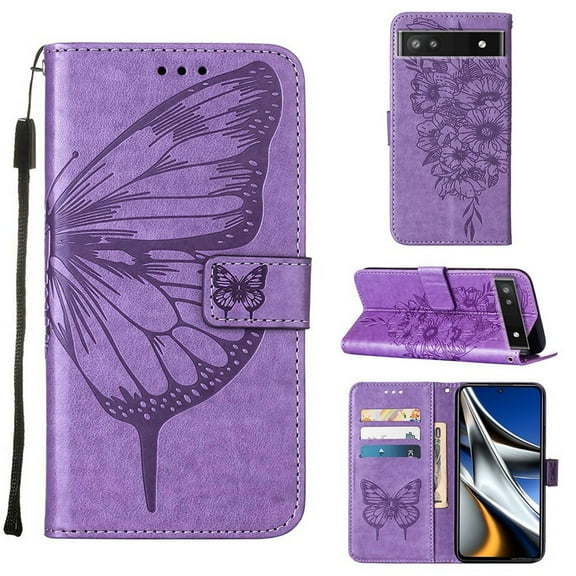 TECH CIRCLE for Google Pixel 8 Wallet Case, Embossed Butterfly PU Leather Credit Card Holder Slots Full Body Protection Kickstand Flip Folio Shockproof TPU Phone Cover,Lightpurple