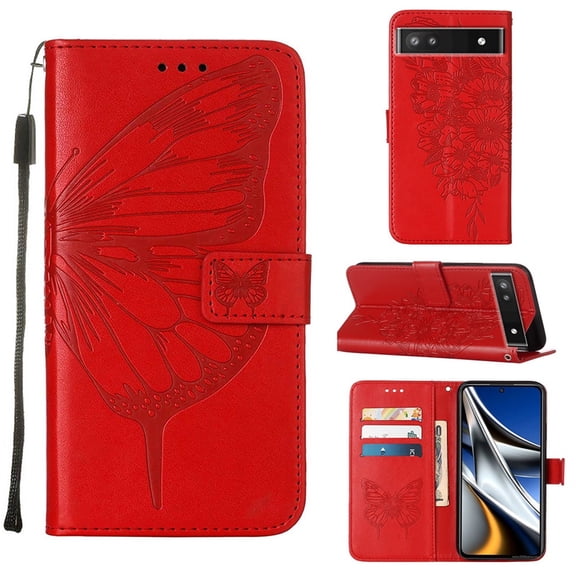 TECH CIRCLE for Google Pixel 8 Wallet Case, Embossed Butterfly PU Leather Credit Card Holder Slots Full Body Protection Kickstand Flip Folio Shockproof TPU Phone Cover,Red