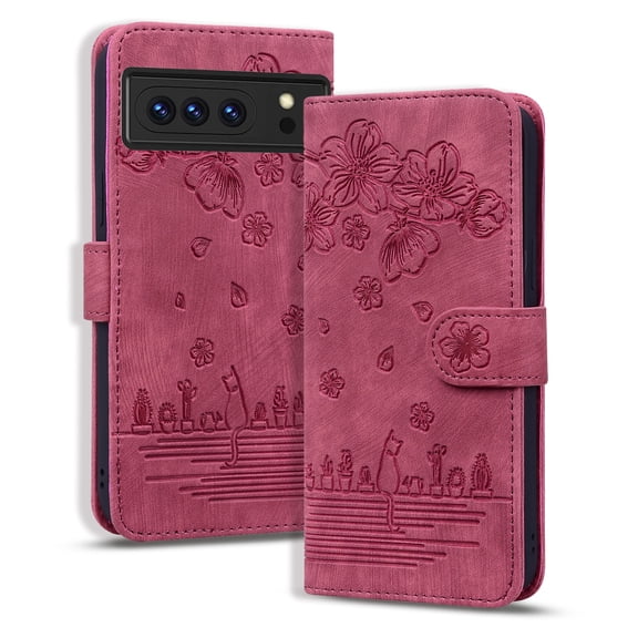 TECH CIRCLE For Google Pixel 8 Wallet Case,PU Leather Embossed Flower Folding Folio Case Cards Holder Anti-Scratch Shockproof Protective Bumper Cover For Google Google Pixel 8 6.17" 2023,Red