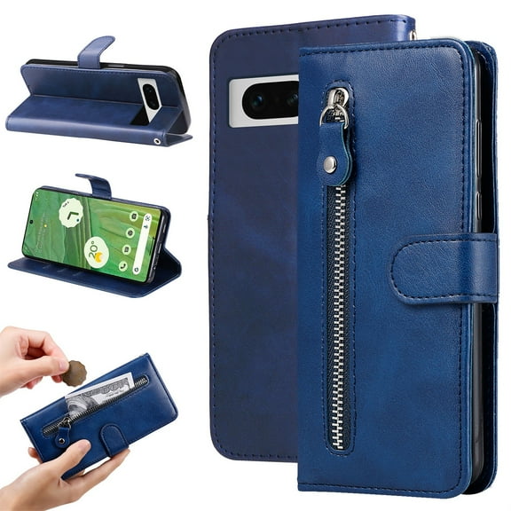 TECH CIRCLE for Google Pixel 8 Wallet Flip Case, 3 Credit Cards Slot Holder Case with Zipper Pocket, PU Leather Wallet Kickstand Soft TPU Inner Case Cover for Google Pixel 8 6.2" 2023, Blue