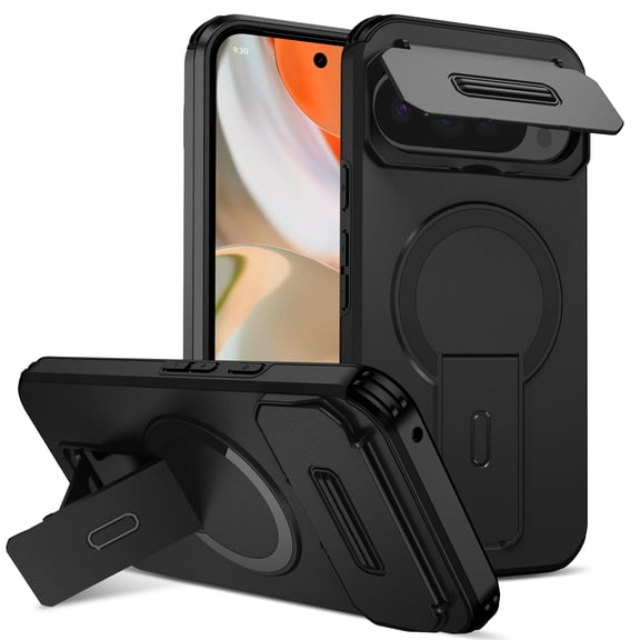 TECH CIRCLE for Google Pixel 9/10 Pro & Pixel 9/10 (6.3") Rugged Shockproof Case with Slide Camera Cover, Kickstand, Compatible with MagSafe Wireless Charging & Magnetic Car Mount/Card Holder, Black