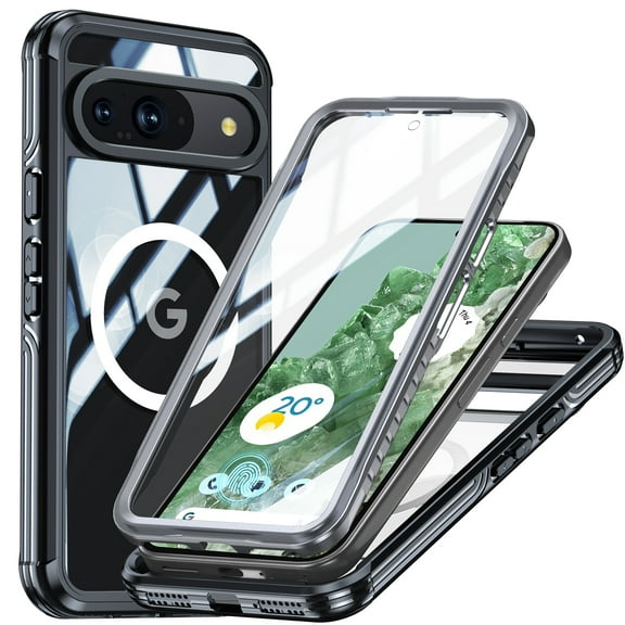 TECH CIRCLE for Google Pixel 9 Pro Magnetic Hard Clear Case with Built in Screen & Lens Protector Dustproof Shockproof Rugged Water-Resistant,Compatible with MagSafe Anti-Slip Frame,Black