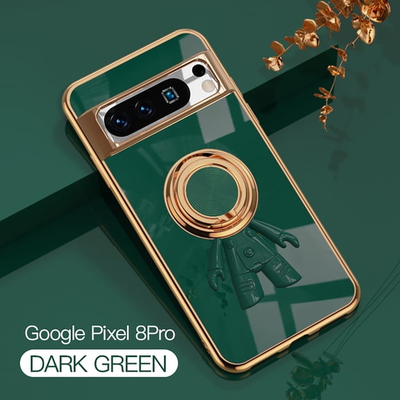 TECH CIRCLE for Google Pixel 9 Pro/Pixel 9 2024 Case,Lens Protection Electroplating Silicone Magnetic 3D Dimensional Astronaut Cover with Car Mount Ring Kickstand Shockproof Protective Shell,Darkgreen