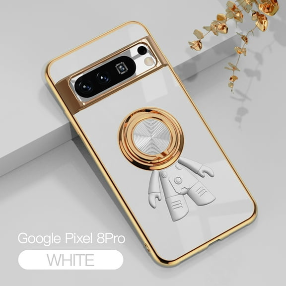 TECH CIRCLE for Google Pixel 9 Pro/Pixel 9 2024 Case, Lens Protection Electroplating Silicone Magnetic 3D Dimensional Astronaut Cover with Car Mount Ring Kickstand Shockproof Protective Shell,White