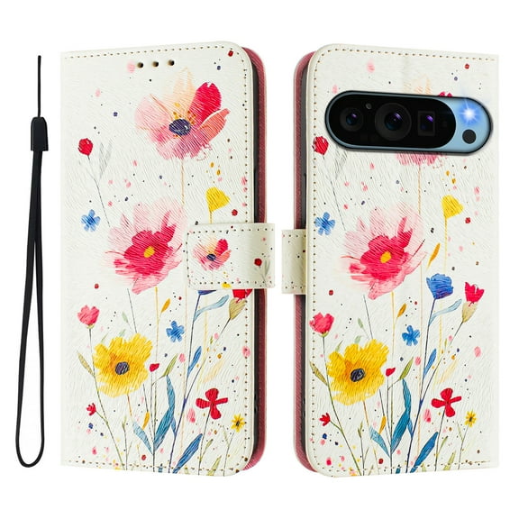 TECH CIRCLE for Google Pixel 9 Pro / Pixel 9 Case (6.3", 2024 Release), Cute Cartoon Flip Wallet Case with Wrist Strap, Built-in Card/Cash Slots, PU Leather Protective Fold Stand Case, Flowers