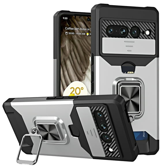 TECH CIRCLE for Google Pixel 9 Pro/Pixel 9 Case, Card Slot Ring Holder Kickstand Shockproof Cover Camera Lens Protection Dropproof Bumper Rugged Magnetic Car Mount Phone Case,Silver