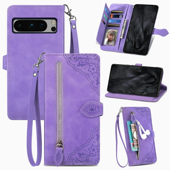 TECH CIRCLE for Google Pixel 9 Pro/Pixel 9 Wallet Case, Flower Embossed Premium PU Leather Wallet Flip Protective Stand Card Slots Wrist Strap Phone Case for Google Pixel 9 Pro/Pixel 9, Purple