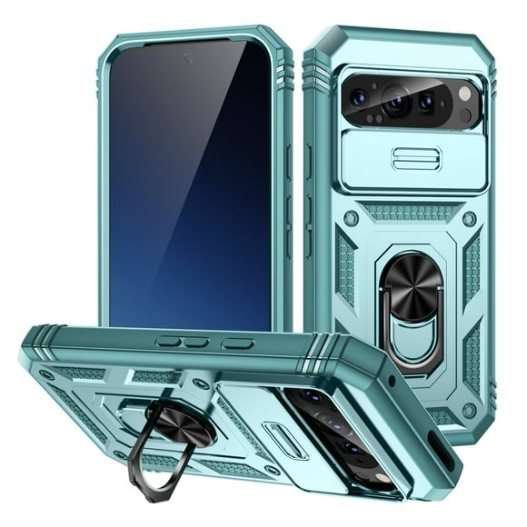 TECH CIRCLE for Google Pixel 9 Pro XL Case 6.8" 2024, Plastic Shell Durable Silicone Phone Case with Rotated Magnetic Ring Kickstand & Slide Camera Cover, Shockproof Protective Sturdy Cover, Green