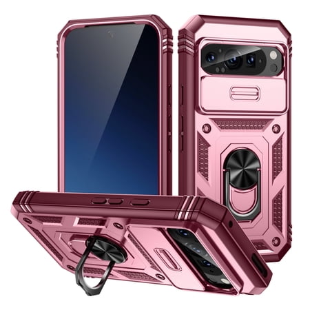 TECH CIRCLE for Google Pixel 9 Pro XL Case 6.8" 2024, Plastic Shell Durable Silicone Phone Case with Rotated Magnetic Ring Kickstand & Slide Camera Cover, Shockproof Protective Sturdy Cover, Pink Red