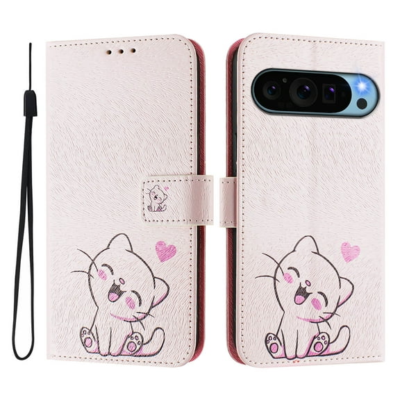 TECH CIRCLE for Google Pixel 9 Pro XL Case (6.8", 2024 Release), Cute Cartoon Flip Wallet Case with Wrist Strap, Built-in Card/Cash Slots, PU Leather Protective Slim Fold Stand Case, Pink Cat