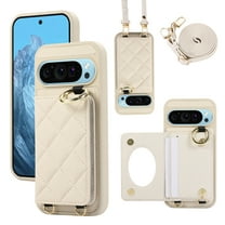 TECH CIRCLE for Google Pixel 9 Pro XL Case, Quilted PU Leather Magnetic Clasp Shockproof Cover Card Holder Shoulder Strap Mirror Ring Stand Flip Wallet Case for Google Pixel 9 Pro XL,White