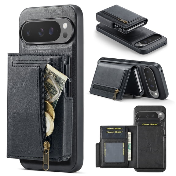 TECH CIRCLE For Google Pixel 9A Magnetic MagSafe-Compatible PU Leather Back Cover Case with Removable Magnetic Phone Wallet, Multiple Card Slots, Zipper Pocket, Protective, Lightweight, Black