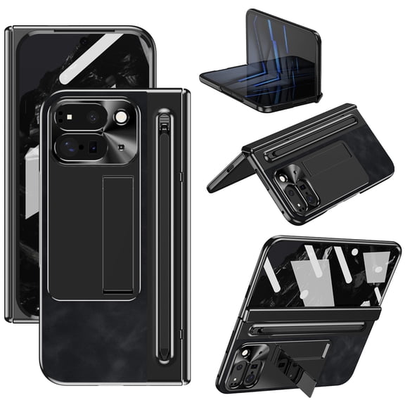 TECH CIRCLE Google Pixel Fold 2 Phone Case with Pen,Luxury Premier Genuine Leather Full Body Hinge Protection Kickstand Drop Proof Protective Cover with Pencil Holder for Google Pixel Fold 2,Black