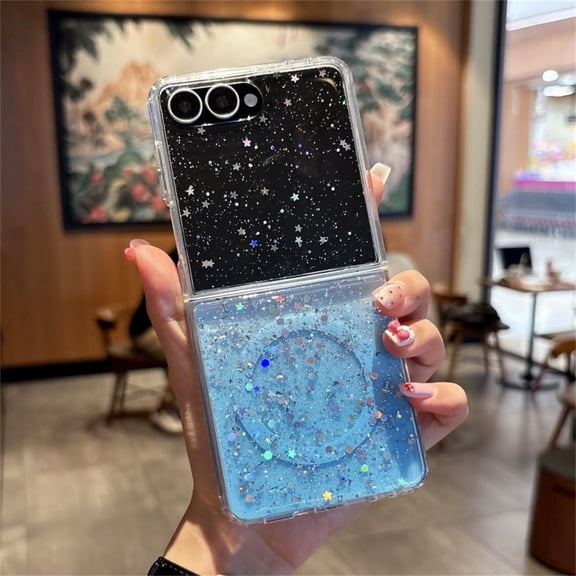 TECH CIRCLE Gradient Glitter Magnetic Phone Case for Samsung Galaxy Z Flip 7, Compatible with MagSafe Accessories, Shockproof Protective Cute Clear Cover for Women Girls, Blue