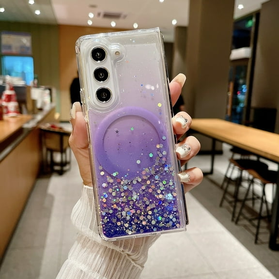 TECH CIRCLE Gradient Glitter Magnetic Phone Case for Samsung Galaxy Z Fold 5 (7.6"), Compatible with MagSafe Accessories, Shockproof Protective Cute Clear Cover for Women Girls, Purple
