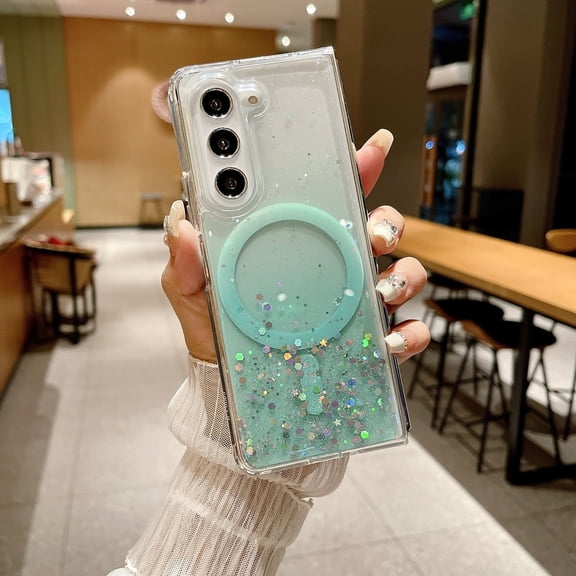 TECH CIRCLE Gradient Glitter Magnetic Phone Case for Samsung Galaxy Z Fold 6 (7.6"), Compatible with MagSafe Accessories, Shockproof Protective Cute Clear Cover for Women Girls, Green