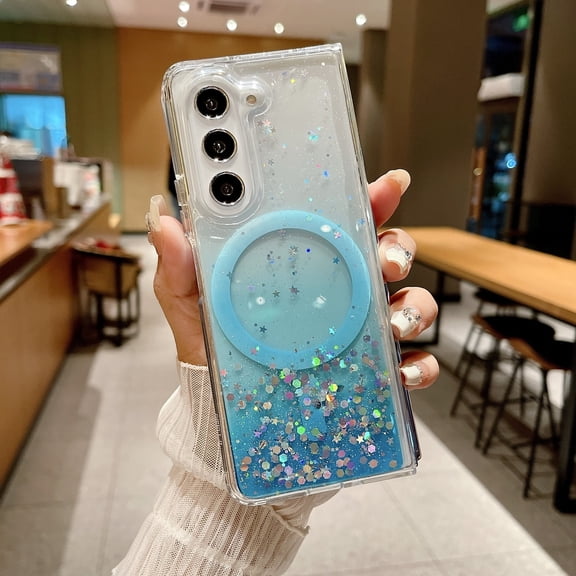 TECH CIRCLE Gradient Glitter Magnetic Phone Case for Samsung Galaxy Z Fold 6 (7.6"), Compatible with MagSafe Accessories, Shockproof Protective Cute Clear Cover for Women Girls, Blue