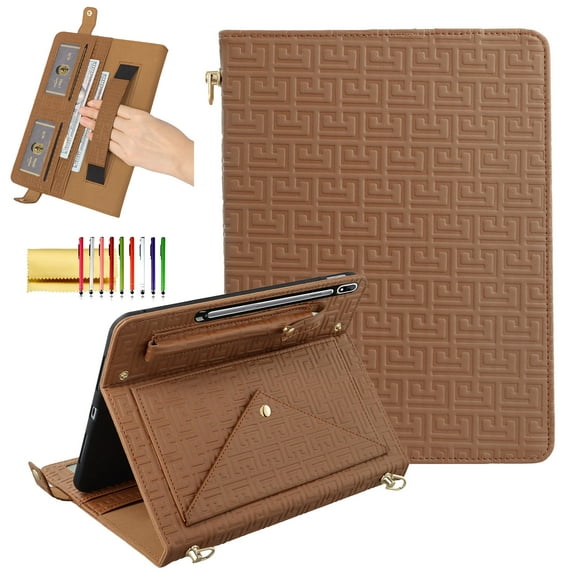 TECH CIRCLE Handbag Case for Galaxy Tab S10 Plus/S9 FE Plus/S9 Plus 12.4" Case with Pencil Holder,Folio Stand PU Leather Crossbody Shoulder Hand Strap Card Pockets Magnetic Envelope Wallet Cover,Brown
