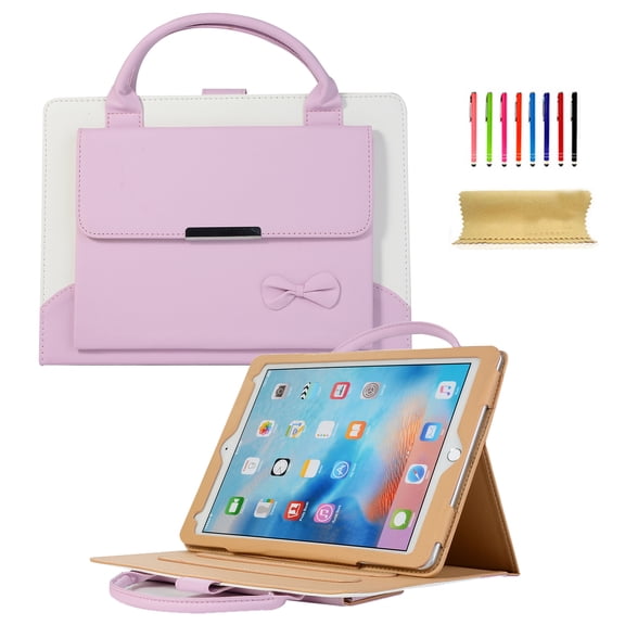 TECH CIRCLE for iPad Air/Pro 13" (M2/M3/M4/M5), iPad Pro 12.9" (6th/5th/4th/3rd Gen) Smart Folio Case with Handle, Pocket, Auto Sleep Wake, Stand, Handbag-Style PU Leather Cute Bow Cover, Purple