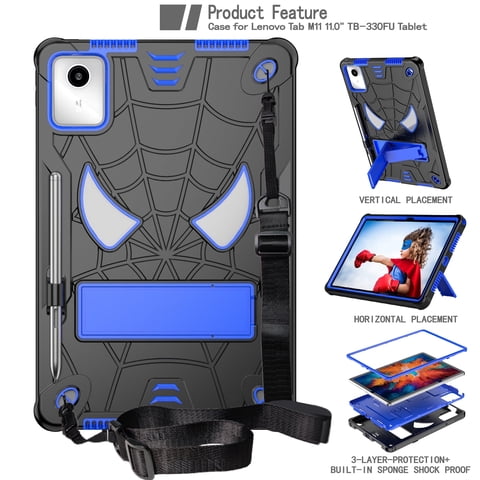 TECH CIRCLE Hard Case for Lenovo Tab M11 Tablet 11" 2024 (Model TB-330FU), Cool Spider Cartoon Cute Case with Folded Stand & Shoulder Strap, Sturdy Shockproof Rugged Cover for Kids Adult, Black Blue
