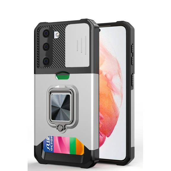 TECH CIRCLE Hard Phone Case for Samsung Galaxy A02s (6.5 Inch) - Sliding Cover for Camera, Silicone/Plastic Protective Composite Case, Drop Proof Rugged Cover with Kickstand /Card Holder (Silver)