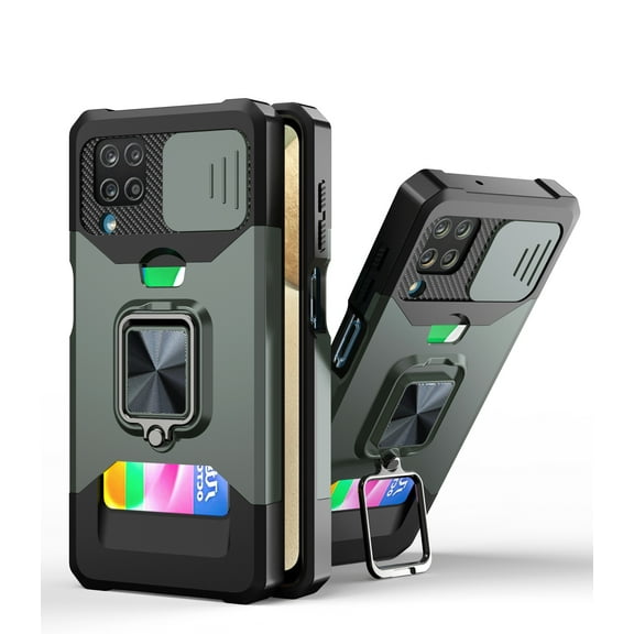 TECH CIRCLE Hard Phone Case for Samsung Galaxy A12 5G (6.5 Inch) - Sliding Cover for Camera, Silicone/Plastic Protective Composite Case, Drop Proof Rugged Cover with Kickstand /Card Holder (Green)